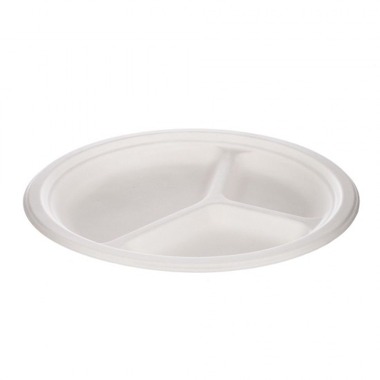 Farfurie Alba cu 3 Compartimente din Trestie de Zahar, Diametru 25 cm, 50 Buc/Set, Farfurie cu 3 Compartimente pentru Meniu, Farfurie Rotunda de Unica Folosinta, Farfurii Compartimentate Biodegradabile, Farfurie cu 3 Compartimente pentru Fast- Food