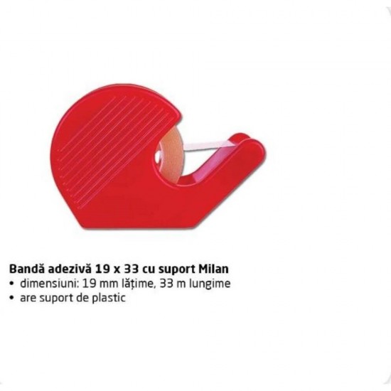 Banda Adeziva MILAN cu Suport, 19mm x 33m, Transparenta, Scotch Transparent cu Dispenser, Dispenser cu Banda Adeziva, Banda Adeziva Transparenta, Banda Adeziva Birou cu Dispenser, Scotch de Birou cu Display
