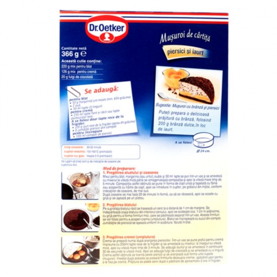 Mix pentru Prajitura Musuroi de Cartita, Piersici si Iaurt, Dr. Oetker, 366 g, Prajitura Musuroi de Cartita, Prajitura Dr. Oetker, Prajitura Musuroi cu Piersici si Iaurt, Musuroi de Cartita Preparare Rapida, Musuroi Cartita