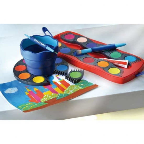 Acuarele cu Pensula Faber-Castell Connector, 12 Culori, Cutie Albastra, Faber Castell Acuarele, Acuarele Scoala, Culori pentru Pictat, Acuarele Pictura, Paleta de Acuarele, Set Culori Acuarele, Acuarele Scoala, Materiale de Pictura, Accesorii Pictura