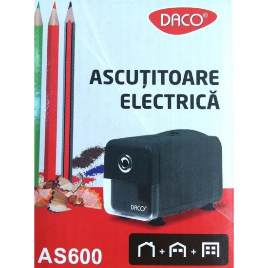 Ascutitoare Electrica Daco, 220V, cu Container, Plastic, Neagra, Creioane de 8 mm, Ascutitoare Electrica cu Container, Ascutitori Electrice, Ascutitoare Scolara Electrica, Ascutitoare Electrica pentru Creioane, Ascutitoare de Creioane Electrica