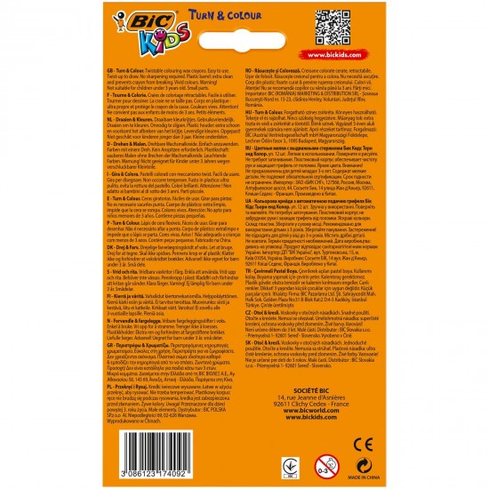 Creioane Cerate Plastifiate BIC Turn&Colour, 12 Buc/Set, Culori Asortate, Creioane Plastifiate BIC, Creion de Colorat, Creioane Cerate BIC pentru Copii, Set 12 Creioane Cerate BIC Turn&Colour, Creion de Ceara Plastifiat pentru Scoala