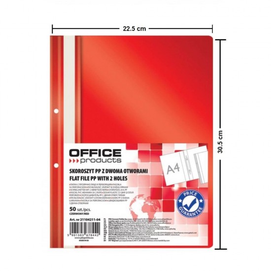 Dosare din Plastic cu Sina si Doua Perforatii, 50 Buc/Set, 225x305 mm, Capacitate 200 Coli, Culoare Rosie, Dosare din Plastic OFFICE Products, Dosar pentru Documente, Mapa Documente, Dosare pentru Arhivare Documente