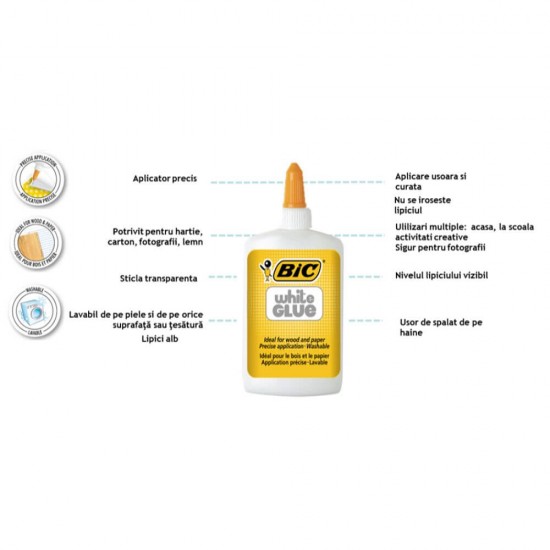 Lipici Lichid BIC, 118 ml, Culoare Alba, pentru Lemn si Hartie, Lipici Lichid pentru Uz Scolar, Lipici Scoala Lichid, Lipici Scoala Alb, Lipiciuri Albe Lichide BIC, Lipici cu Uscare Rapida, Lipiciuri pentru Hartie si Lemn