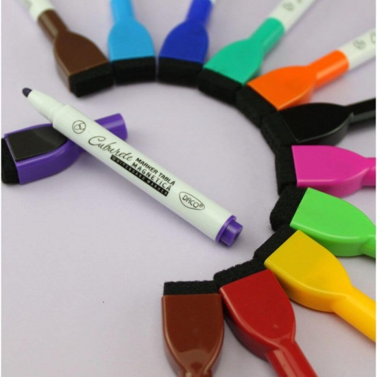 Set 12 Markere Tabla Magnetica DACO cu Burete, 12 Culori Diferite, Marker, Markere Colorate, Markere cu Cerneala Colorata, Set Markere Colorate, Markere Nepermanente Tabla, Markere Colorate Tabla Magnetica, Markere Whiteboard