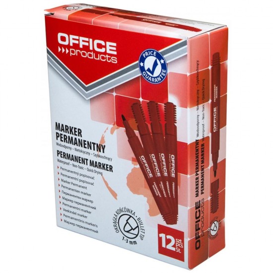 Set 12 Markere Permanente OFFICE Products, Varf Rotund, Scriere 1-3 mm, Rosu, Marker Permanent, Accesorii Birou, Instrumente de Scris