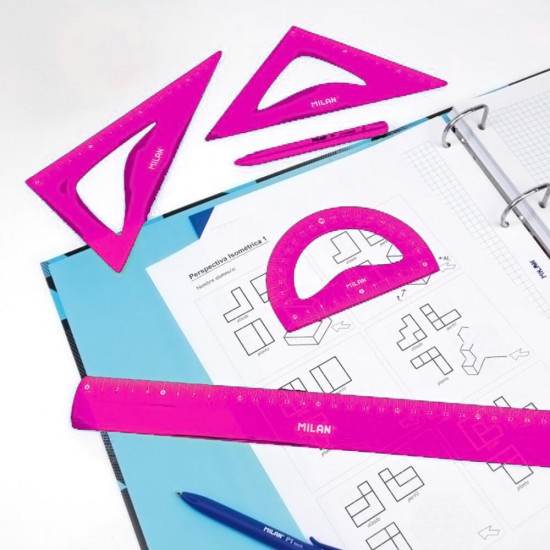 Set Geometrie Milan: Liniar 30 cm, Echer 13 si 17 cm, Raportor 10 cm, Plastic Flexibil, Roz, Set Geometrie, Set Trusa Geometrica, Truse Geometrice Set Trusa Geometrie, Trusa Geometrie, Instrumente Geometrie, Liniar, Linie, Echer, Raportor