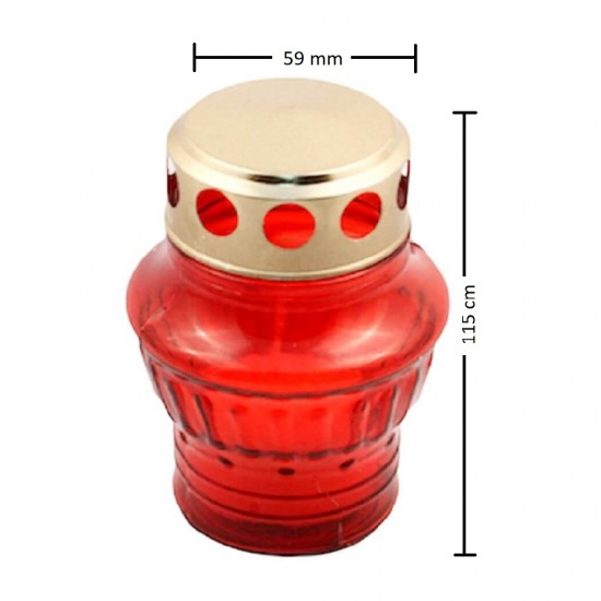 Candela Sticla cu Capac, Timp Ardere 14 h, 115x59 mm, Tip Felinar, Culoare Rosie, Lumanare Candela 14 h, Lumanari si Candele, Candele din Parafina, Candele pentru Exterior, Candele pentru Sarbatori, Candele cu Capac, Candela cu Capac Metalic