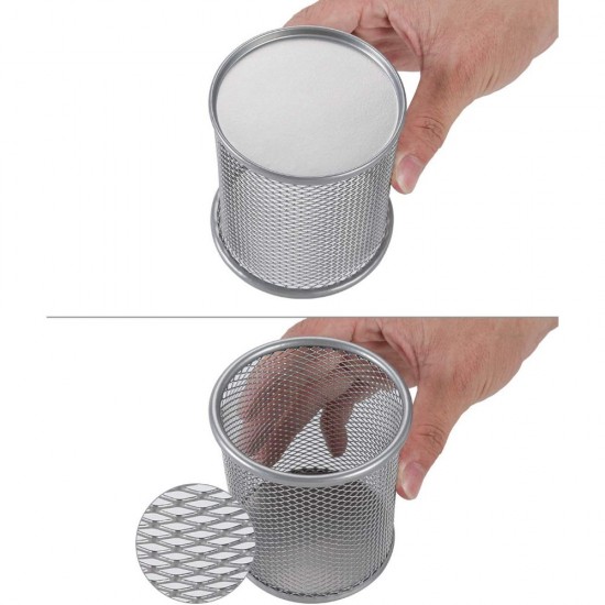 Suport Birou Cilindric ECADA, 9x10 cm, Plasa Metalica, Argintiu, Suport pentru Pixuri, Suport pentru Pensule, Suport pentru Creioane, Suport pentru Markere, Suport Pixuri Birou, Organizator Pixuri, Suport Instrumente de Scris Birou