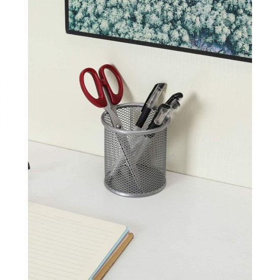 Suport Birou Cilindric ECADA, 9x10 cm, Plasa Metalica, Argintiu, Suport pentru Pixuri, Suport pentru Pensule, Suport pentru Creioane, Suport pentru Markere, Suport Pixuri Birou, Organizator Pixuri, Suport Instrumente de Scris Birou