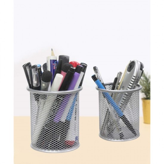 Suport Birou Cilindric ECADA, 9x10 cm, Plasa Metalica, Argintiu, Suport pentru Pixuri, Suport pentru Pensule, Suport pentru Creioane, Suport pentru Markere, Suport Pixuri Birou, Organizator Pixuri, Suport Instrumente de Scris Birou