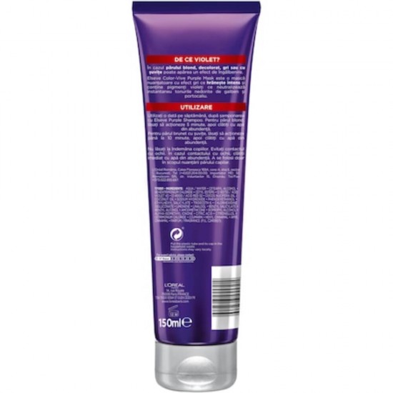 Masca Anti Reflexe Aramii pentru Par Blond/Gri L'OREAL Paris Elseve Color Vive, 150 ml, Masca pentru Par Vopsit, Masca Par Blond, Masca Impotriva Reflexiilor Galbene, Masca pentru Par Gri, Masca Violet pentru Par Blond