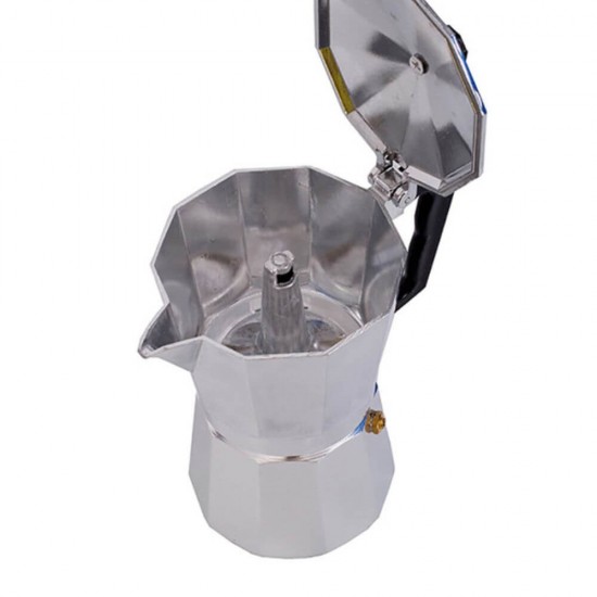 Espressor Aluminiu pentru 9 Cesti, Aringtiu/Negru, Espressor Aluminiu, Cafetiera Aluminiu, Espresor 9 Cafele, Espressor 9 Portii, Cafetiera Espressor, Cafetiera Moka, Oala Moka, Espressor Moka, Espressor Aragaz, Cafetiera Aragaz
