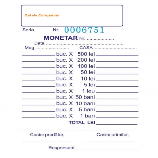 Monetare Personalizate A6 in 2 Exemplare, 50 Carnete/Set, Tipar 1+1, Formulare Tipizate Autocopiative, Formulare A6 Personalizate, Tipizate Personalizate, Monetar Personalizat
