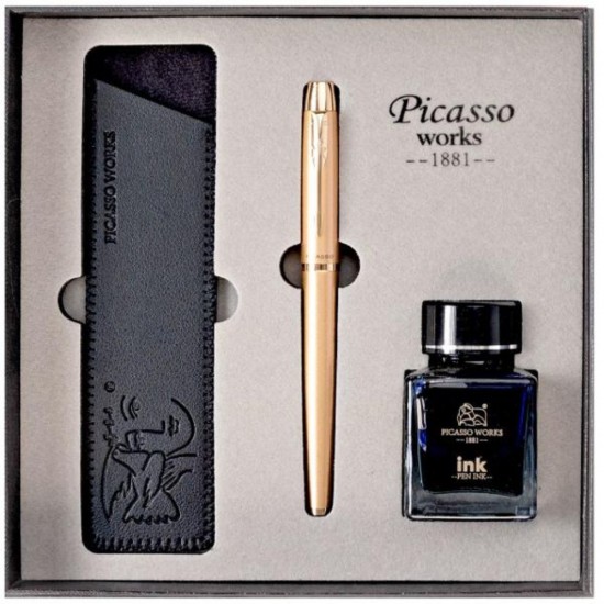 Set Stilou si Calimara de Cerneala Picasso si Etui, Culoare Auriu, Model 9666AU