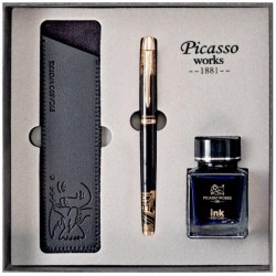 Set Stilou si Calimara de Cerneala Picasso si Etui, Culoare Negru, Model 9666N
