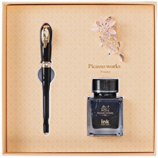 Set Stilou si Calimara de Cerneala Picasso si Brosa, Culoare Negru, Model 986N