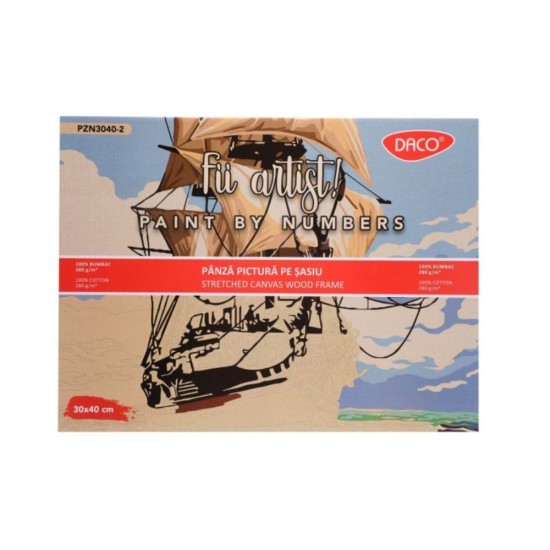 Panza Pictura Daco pe Numere, Material Bumbac, Dimensiune 30x40 cm, Gramaj 280 g/m², 24 Culori Acrilice si 3 Pensule Incluse in Set, Model Nava