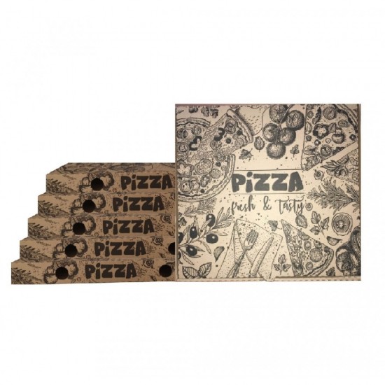 Set 100 Cutii Pizza Natur Corolla Packaging, 28x3.5x28 Cm, Model Pizza Fresh & Tasty, Ambalaje din Carton, Ambalaje pentru Pizza, Set de Cutii Natur, Set de Cutii Natur pentru Pizza, Seturi de Cutii Pizza