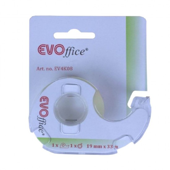 Banda Adeziva EVOffice de 19mm cu Dispenser Plastic Transparent - Echipamente Birotica