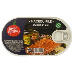 Macrou File Afumat in Ulei, Home Garden, 170 g, Macrou la Conserva de la Home Garden, Macrou File Home Garden, Macrou Afumat in Ulei, Conserva de Peste