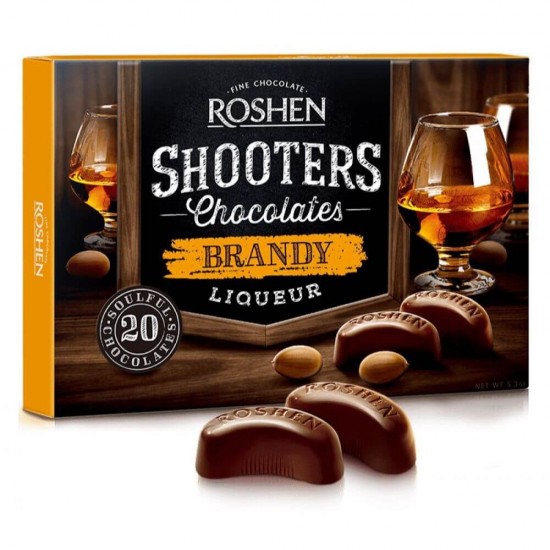 Praline Ciocolata cu Alcool Roshen Shooters Brandy, 150 g, Crema Brandy, Praline Roshen Ciocolata cu Alcool, Cutie Praline Ciocolata, Roshen Brandy Praline Ciocolata cu Brandy, Bomboane Ciocolata cu Alcool, Cutie Bomboane Ciocolata
