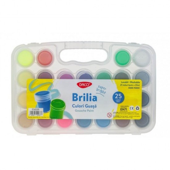 Culori Guasa DACO, 25 Culori/Set, 20 ml/Tub, Model Brilia, Culori Guase, Vopsea Guasa, Vopsele Guase, Guasa Set, Culori pentru Pictat Lavabile, Culori Pictura, Culori pentru Desen