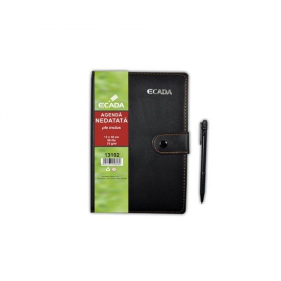 Agenda cu Pix ECADA, 96 File, 13x18 cm, 70 g/m², Capsa Inchidere, Neagra, Agenda Nedatata cu Capsa de Inchidere, Agende cu 96 de Foi, Agenda cu Capsa si  96 File, Agenda de Birou cu Pix, Agende de Birou cu 96 File, Agenda de Birou cu Pix,  Agende ECADA