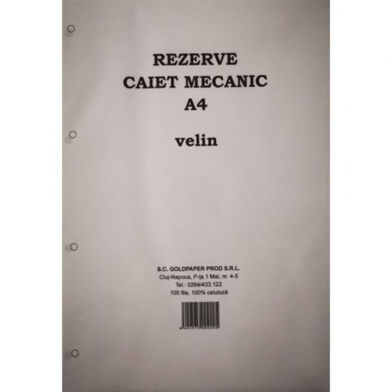 Rezerva Caiet Mecanic A4 Velin GOLDPAPER, 100 Coli/Top, Top Foi Veline, Rezerve Foi Caiet, Foi Veline, Rezerve Foi Veline A4, Rezerva Caiet Mecanic A4, File pentru Caiet Mecanic