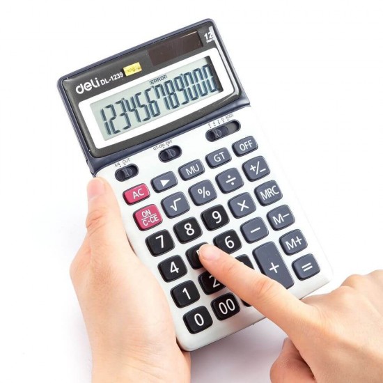 Calculator de Birou Deli Core 12 Digits, Gri, Dual Power, Alimentare Baterie AAA, Suprafata Metalica, Calculator Birou 12 Digits, Calculator Birou cu Memorie, Calculator Birou Deli