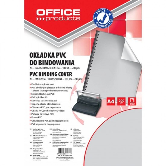Set 100 Coperti Indosariere A4 din Plastic, Tip Cristal 200 MIC, Fumuriu, Coperta A4  din Plastic Transparent pentru Indosariat, Coperti Indosariere OFFICE Products, Coperti pentru Indosariat din Plastic, Coperti din Plastic pentru Indosariat
