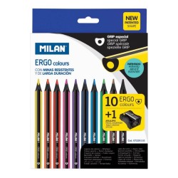 Set 10 Creioane Color MILAN Maxi Ergo, Corp din Lemn Negru, 10 Culori Diferite si Ascutitoare Inclusa, Set Creioane Colorate, Creioane Colorate, Creioane pentru Desen, Creioane Colorate pentru Scolari, Creioane Colorate din Lemn, Rechizite Scolare