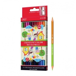 Set 12 Creioane Bicolore DACO, Corp din Lemn Triunghiular si Doua Capete de Scriere, 24 Culori Diferite Si Ascutitoare Inclusa, Set Creioane Bicolore, Creioane Colorate Bicolore, Creioane Bicolore, Creioane Doua Colori, Rechizite Scolare