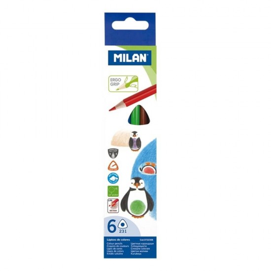 Set 6 Creioane Color MILAN, 6 Culori, Corp Triunghiular din Lemn, Creioane Triunghiulare Colorate, Creioane Colorate Metalice MILAN, Creioane MILAN, Set Creioane Colorate, Creion Colorat, Creioane Scoala, Creioane Desen