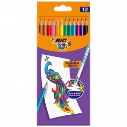 Creioane Colorate BIC Evolution Illusion, 12 Buc/Set, Culori Asortate, Creioane Colorate BIC, Set Creioane de Colorat pentru Copii, Creioane de Colorat BIC Evoluiton Illusion, Creion de Colorat pentru Scoala, Creioane Colorate cu Radiera