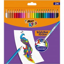 Creioane Colorate BIC Evolution Illusion, 24 Buc/Set, Culori Asortate, Creioane de Colorat BIC, Set Creioane Colorate pentru Copii, Creion de Colorat cu Radiera, Creioane Colorate pentru Scoala