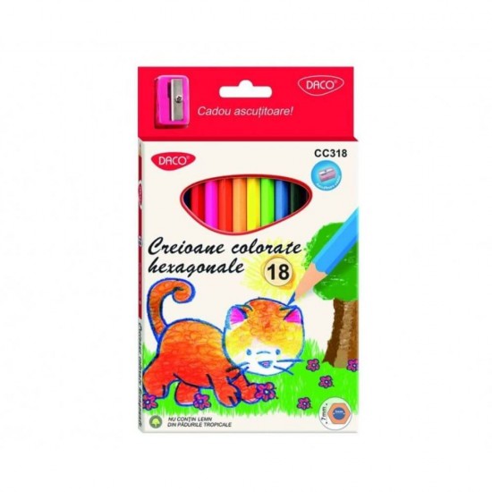 Set 18 Creioane Color DACO, 18 Culori, Corp Hexagonal din Lemn, cu Ascutitoare, Creioane Colorate, Creioane DACO, Set Creioane Colorate, Creion Colorat, Creioane Scoala, Creioane Desen