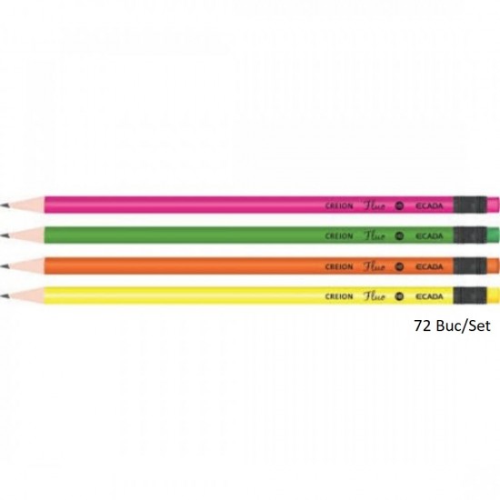 Set 72 Creioane Grafit ECADA Fluo, Mina HB, Corp Rotund de Lemn cu Radiera, Creioane Desen HB, Creioane Grafit HB, Creion HB, Set Creioane Grafit cu Radiera, Creion HB Grafit, Creioane pentru Schite si Grafica, Creioane Desen Tehnic