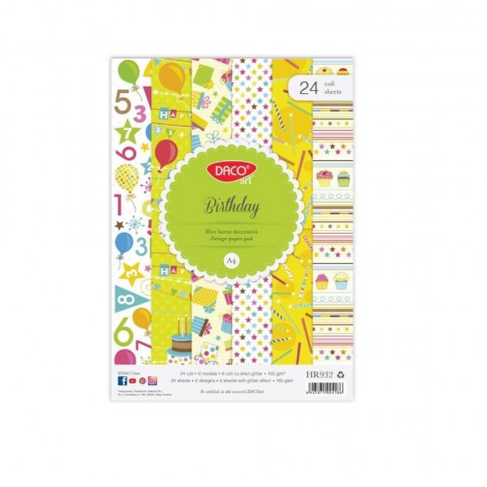 Hartie Decorativa DACO A4, Model Birthday, 24 Coli/Top, 165 g/m², Multicolor, Hartie Colorata Decorativa, Bloc Hartie Decorativa, Modele Hartie Decorativa, Hartie Decorativ Speciala, Set Hartie cu Modele, Hartie Decorativa cu Model