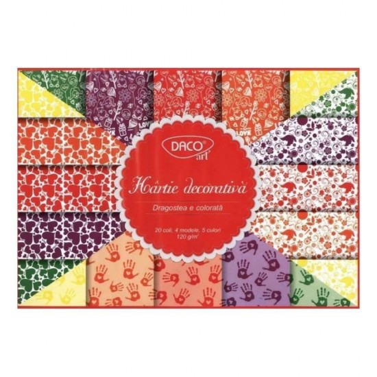 Hartie Decorativa DACO A4, Model Dragostea, 20 Coli/Top, 120 g/m², 5 Culori, Hartie Colorata Decorativa, Bloc Hartie Decorativa, Modele Hartie Decorativa, Hartie Decorativ Speciala, Set Hartie cu Modele, Hartie Decorativa cu Model