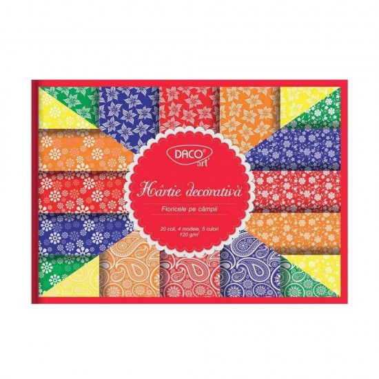 Hartie Decorativa DACO A4, Model Floricele, 20 Coli/Top, 120 g/m², 5 Culori, Hartie Colorata Decorativa, Bloc Hartie Decorativa, Modele Hartie Decorativa, Hartie Decorativ Speciala, Set Hartie cu Modele, Hartie Decorativa cu Model