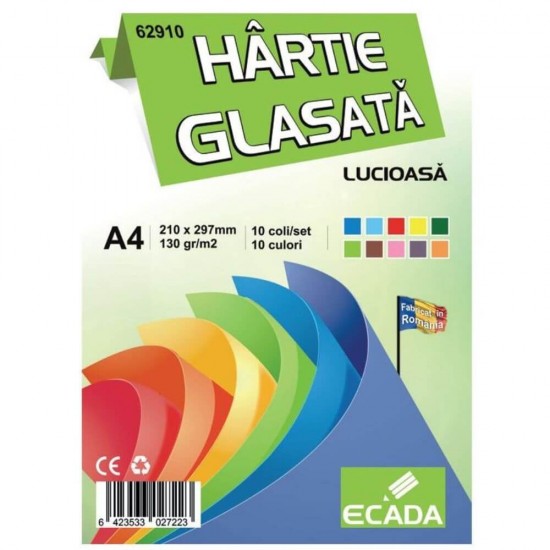 Hartie Glasata Lucioasa A4 Ecada, 10 Coli/Top, 130 g/m², 10 Culori, Hartie Glasata, Hartie Glasata Lucioasa, Hartie Glasata Colorata, Hartie Glasata Culori Asortate, Hartie Glace, Hartie Glasata A4, Rechizite Scolare