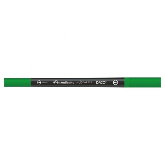 Pix Liner cu Doua Capete Daco Pensuliner, Varf Metalic 0.4 mm si Varf Tip Pensula, Verde, Pixuri Linere, Linere Daco, Pix cu Doua Capete, Pixuri Doua Capete, Liner Subtire, Liner 0.4 mm, Liner Verde, Pix Verde, Pixuri Verzi