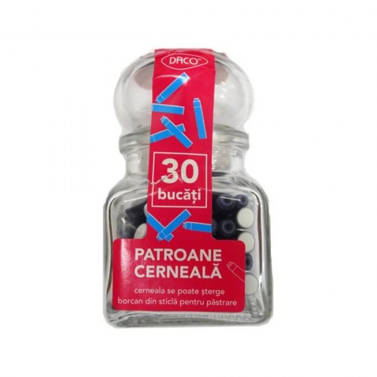 Patroane Scurte Cerneala Daco, Albastru, 30 Buc, in Borcan de Sticla, Rezerva Patron pentru Stilou, Rezerve Patroane pentru Stilouri Daco, Patroane Cerneala Albastre, Rezerve cu Cerneala Albastra, Rezerva Patron Albastru