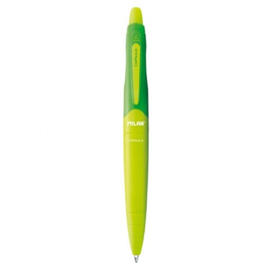 Pix cu Gel MILAN Capsule, Mina Albastra, Grosime Varf 1 mm, Mecanism si Corp Din Plastic de Culoare Verde, Pixuri cu Gel, Pixuri Gel Albastre, Pixuri Albastre cu Gel, Pix Scolar, Pix pentru Scolari, Rechizite Scolare, Pix Office