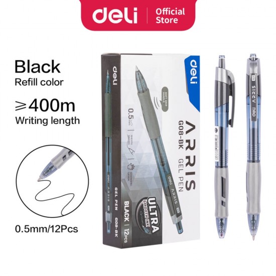 Cutie 12 Pixuri cu Gel DELI Arris, Varf Retractabil, 0.5 mm, Negru, Design Ergonomic, Pix Negru cu Gel, Pixuri Negre, Pixuri cu Gel, Pixuri cu Varf Retractabil, Pix cu Gel si Varf Retractabil, Pixuri Negre Varf Subtire, Pix Negru Design Ergonomic