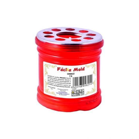 Candela Faclia Mold T15, cu Capac, 16 h Timp de Ardere, Candela Faclia T15, Candela T15, Candele Faclia Mold, Candela din Plastic, Candela cu Capac, Candela Rosie, Candela de Plastic cu Capac Metalic, Candele cu Capac, Candele Rosii