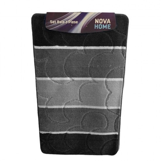 Set 3 Covorase Baie NOVA HOME, 80x50 cm, Polipropilena Negru/Gri/Alb, Set Covorase Baie, Covorase pentru Baie, Covoras pentru Baie, Covorase de Baie Plusate, Pres pentru Baie, Presuri de Baie, Covorase de Baie Antialunecare