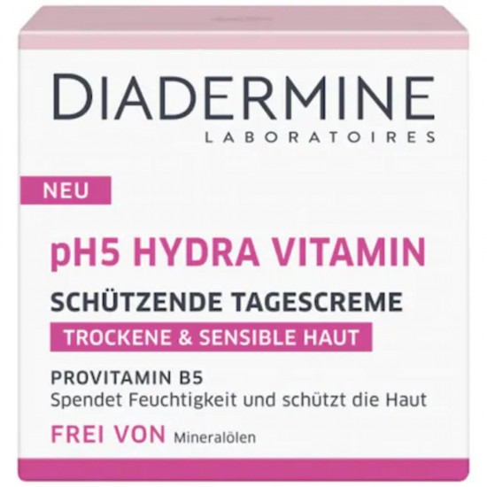 Crema de Fata DIADERMINE, pH5 Hydra Vitamin, 50 ml, pentru Ten Uscat si Sensibil, Crema Protectoare pentru Piele, Crema Diadermine pentru Ten, Crema pentru Piele Uscata si Sensibila, Crema Hidratanta de Fata, Crema de Protectie pentru Fata