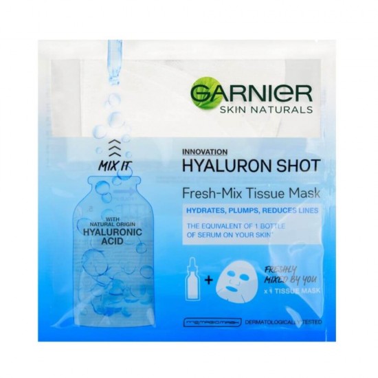 Masca Servetel Garnier Skin Naturals Fresh-Mix Hyaluron Shot, 33 g, Masca Servetel cu Acid Hialuronic, Masca Servetel Anti Riduri, Masca Hidratare Ten, Masca Servetel Revigoranta, Masca de Fata Servetel, Masca Ten Servetel